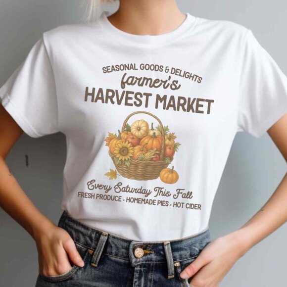 Fall Farmers Market Graphic Tee Autumn Pumpkin Harvest Season T-Shirt - Picture 1 of 4